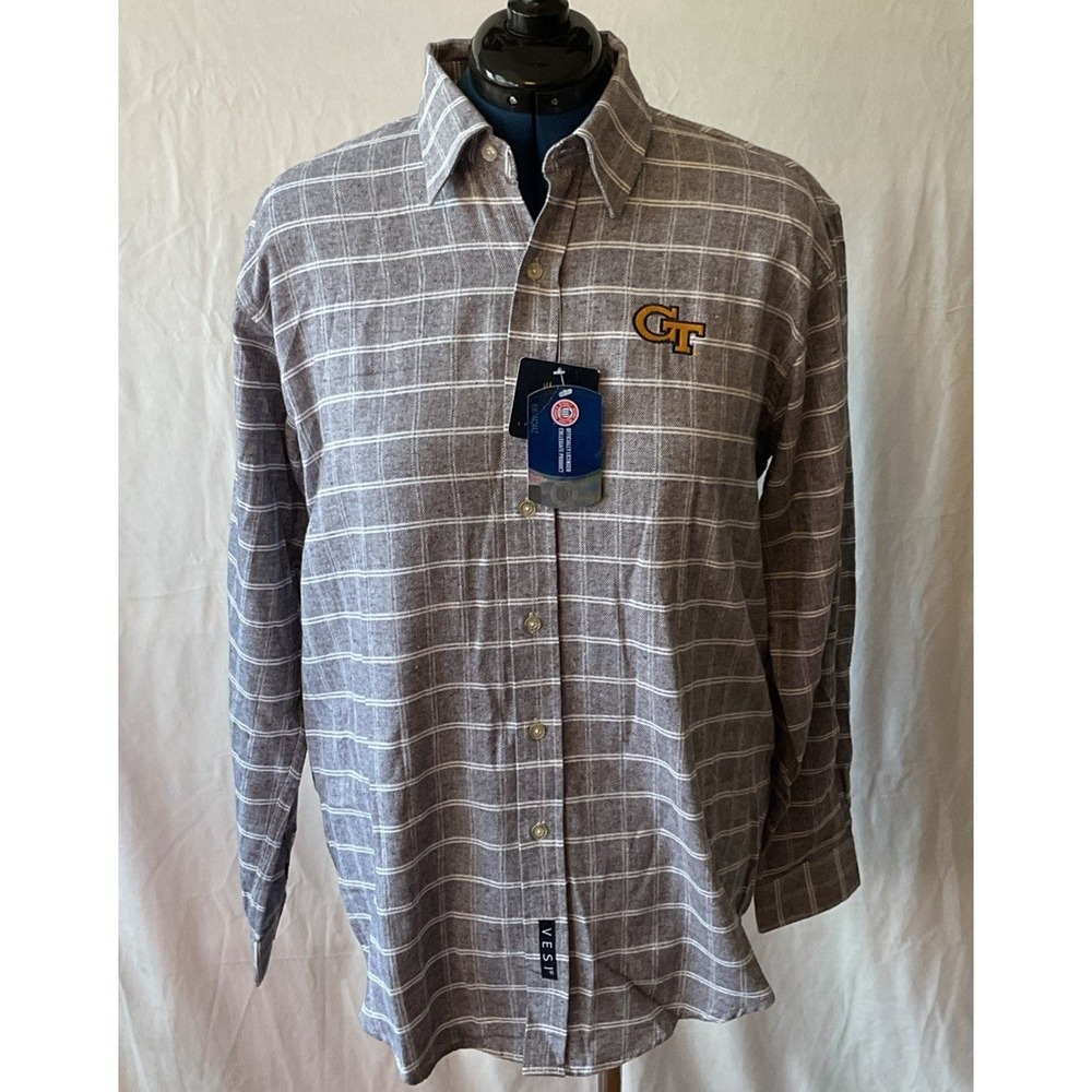 Vesi Georgia Tech Yellow Jackets Plaid Flannel Button Up Shirt Mens Medium Grey